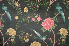 Velvet Fabric Curtain Upholstery Wagtail Bird Floral Slate Cushion 15 Metres
