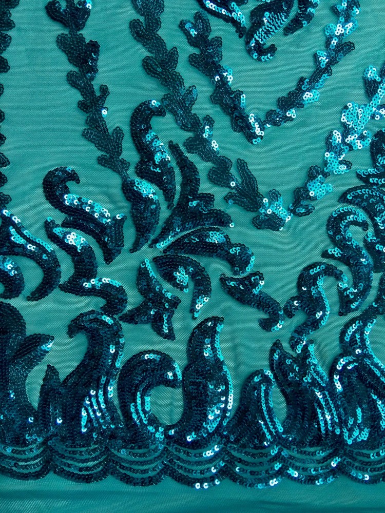 Miranda TEAL Vines and Leaves Sequins on TEAL Mesh Lace Fabric by the Yard – 10