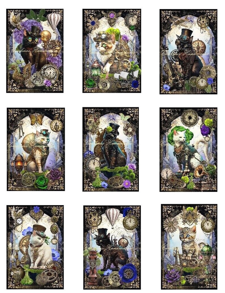 Steampunk Cats C MULTI-SIZE SET Cotton Fabric Quilt Blocks