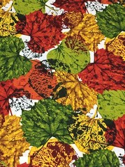 Autumn Leaves Green Golden Yellow Red on White 3 Y Cotton Fabric