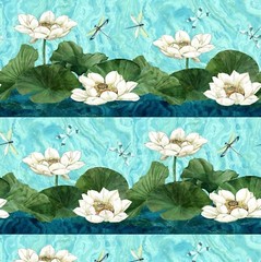 Northcott – Tranquil Waters – Lily Pad Repeating Border Stripe – Dark Blue/Multi