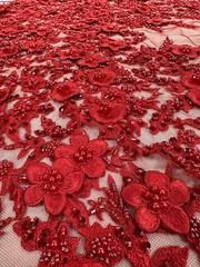 3D Floral Lace Fabric Luxury Red Beaded Embroidered Bridal Evening Dress