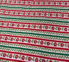 Christmas Striped Fabric Poinsettia & Holly 20″ x 38″ Red/Green Cotton Quilting