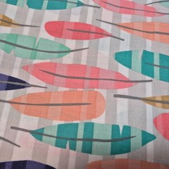 Muted Pastel Large Feathers on Striped Grey Background Cotton Fabric 3 Yards