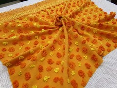 boho vtg chenille bedspread fabric, optic orange multisize cirrus dot 18″ x 24″