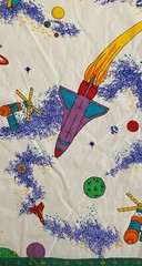 Vintage 1990s Space Planets Rockets on White Cotton Fabric 22″ x 51″