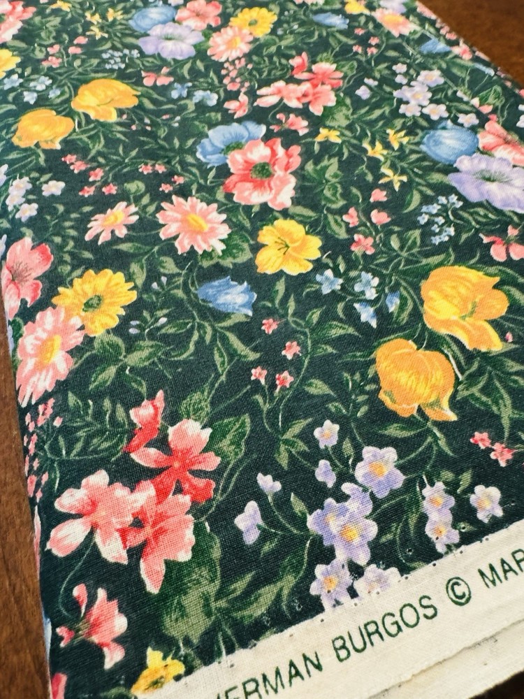 Faye Liverman Burgos Marcus Bros VTG Cotton Fabric Floral Garden on Green 1.5 YD