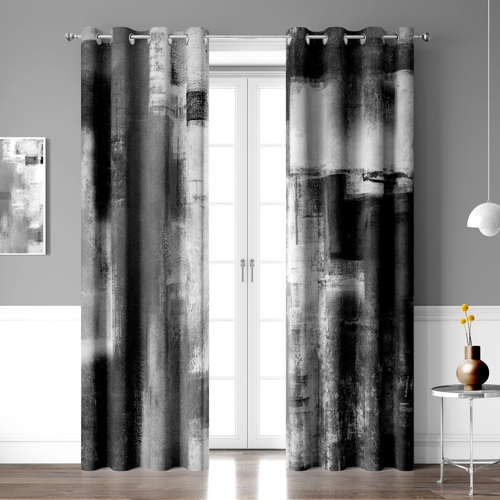 Black and Grey Blackout Curtains, Abstract White Black Modern Window Drapes 2…