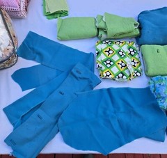 Vintage Fabric Scrap LOT Lime Green Wool Blue Mid Century Mod Aunt Leo D5