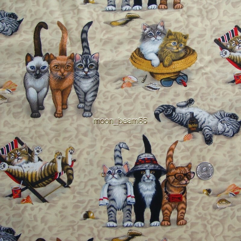 20″L x 45″W Cat on the Beach Sand Tabby Tan Cotton Fabric