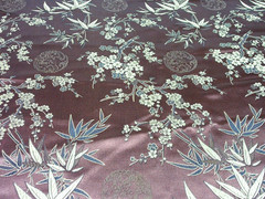 Asian Satin Brocade Floral Bamboo Pattern Gold on Brown 1Y #23