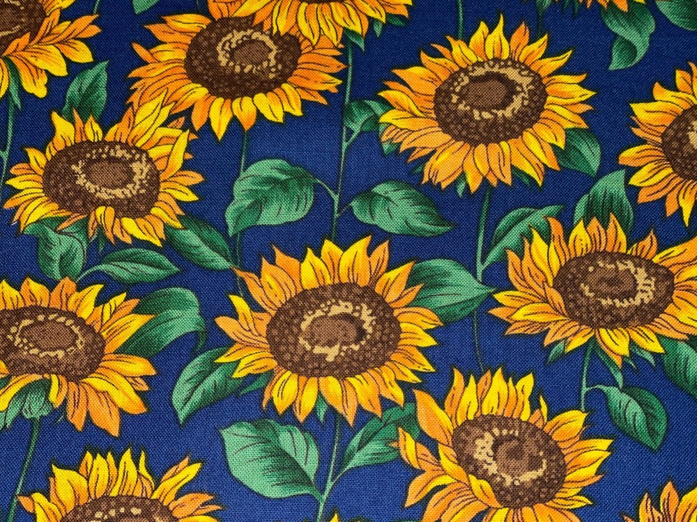 By 1/2 Yd Sunflowers Golden Yellow Blue Cotton Quilt Fabric Vintage by TexStyles