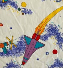 Vintage 1990s Space Planets Rockets on White Cotton Fabric 22″ x 51″