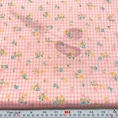Vintage Neon Flocked Florals on Pink Gingham Semi Sheer Fabric by the Half Yard