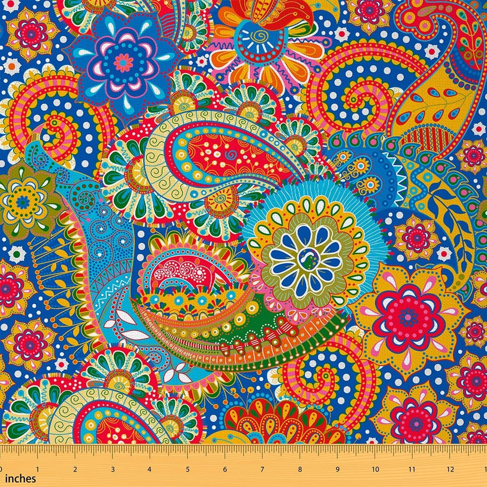 Boho Fabric by the Yard, Paisley Floral Upholstery Fabric, Colorful Retro Decora