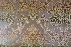 Damask medallion scroll upholstery material in taupe/brown/gold multi on taupe