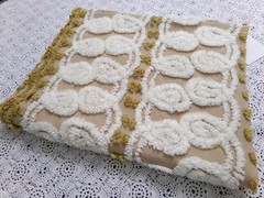 Vtg Chenille Bedspread Fabric Creamy Caramel White Dot Swirl Design 12×38″ Piece