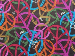 Groovy Peace Symbols Fabric; Brown with Orange, Pink, Green, Red, Yellow. BTHY