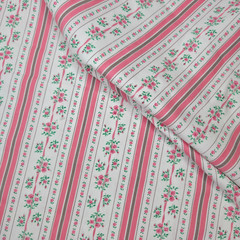 Vintage Cotton Fabric Floral Stripe Pink Ribbon White 69″ x 43″ Wide Crisp