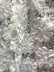 Allie WHITE 3D Floral Polyester Satin Rosette with Sequins Fabric by the Yard –