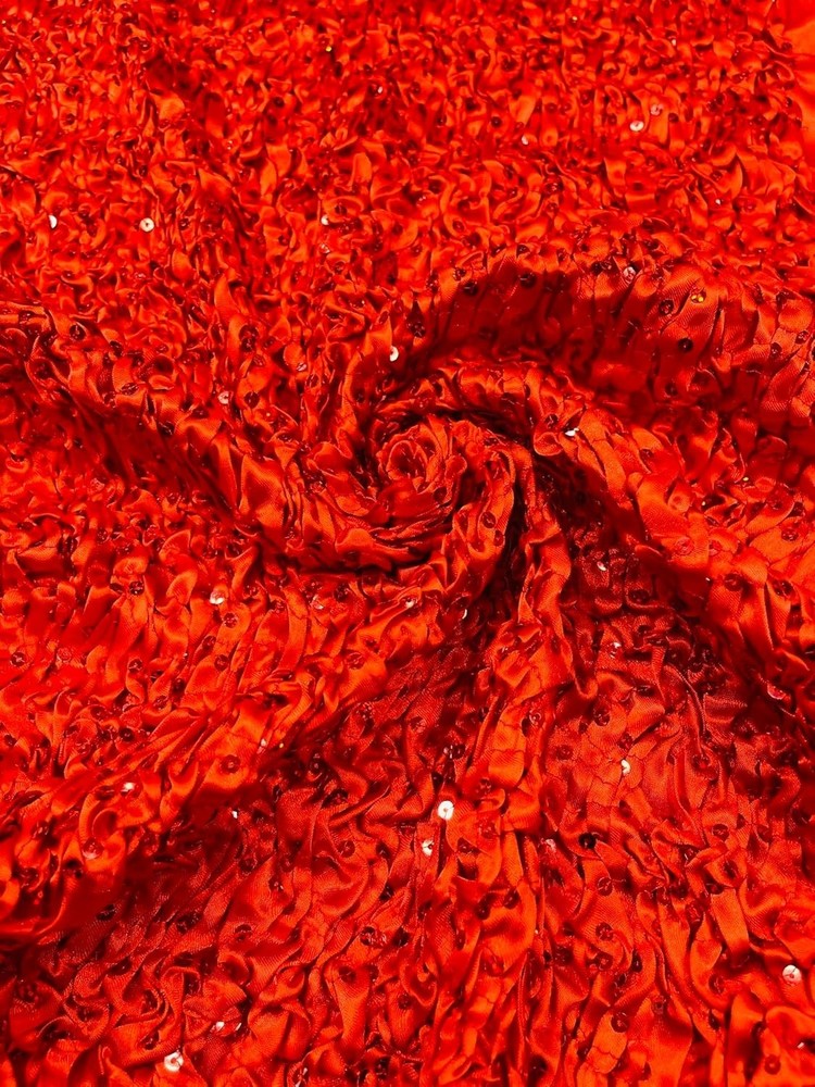 Red Pleated Stretch Satin Ruffle lace Trim with Hologram Sequin fabric 24″