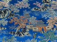 6yds Japanese Temple Courtyard Blue Silk Brocade Fabric Cherry Blossom Vtg READ!