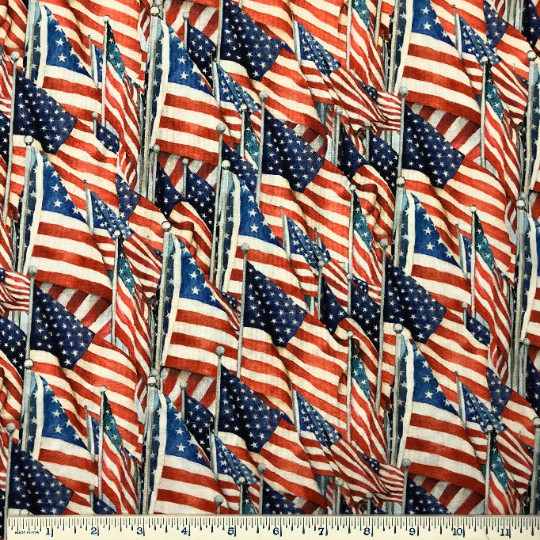 By 1/2 Yard American Flags Patriotic Waving Packed Springs 100% Cotton Fabric