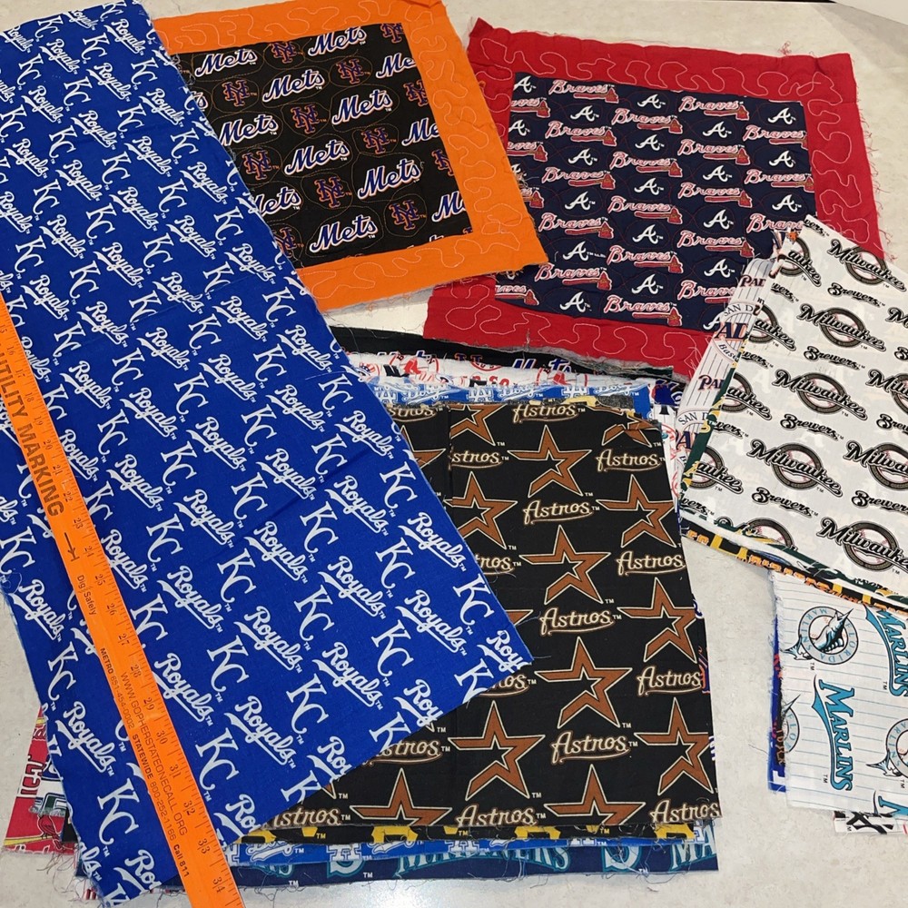 Baseball MLB Fabric (25+) Pc 12×12” (15) pc 33”x12” quilt curtains blanket