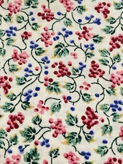 Tiny Maroon Pink Purple Berries Leaves on Cream Calico VTG Cranston Fabric 16″