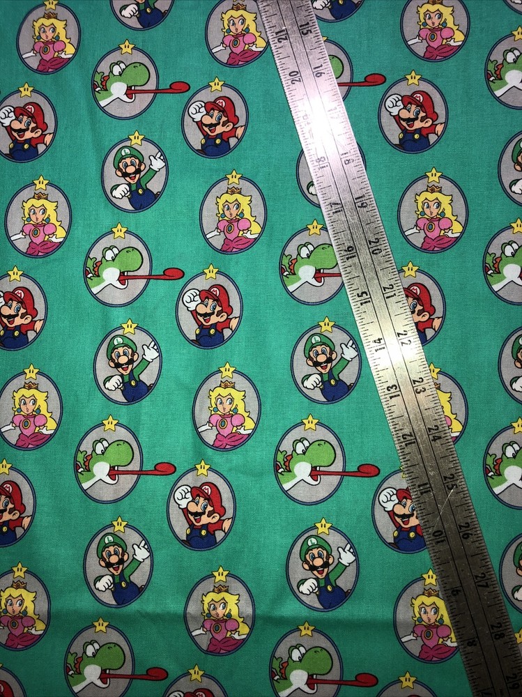 Super Mario Bros. On Green Cotton Fabric 1/2 Yard (18 By 44”) New
