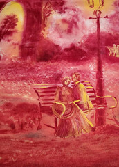 Victorian Lovers in the Park Vibrant Fabric Art Panel Wall Hanging Table Cover
