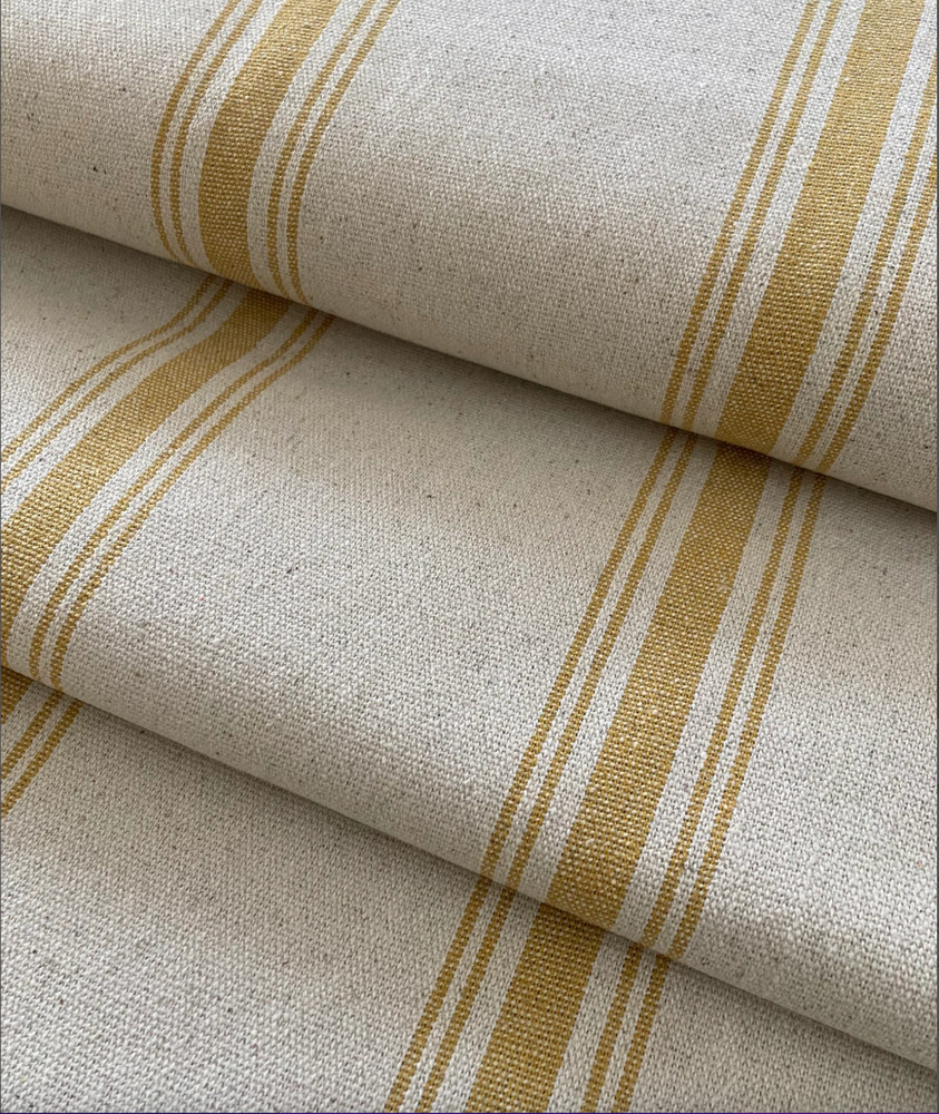 Grain Sack | Feed Sack Fabric | Mustard 5 Stripe | Beige Background | 54″ Wide