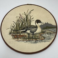 Vtg Set of 3 Hoop Fabric Wall Art Mallard Duck Decor Ruffled Lace Round Cabin