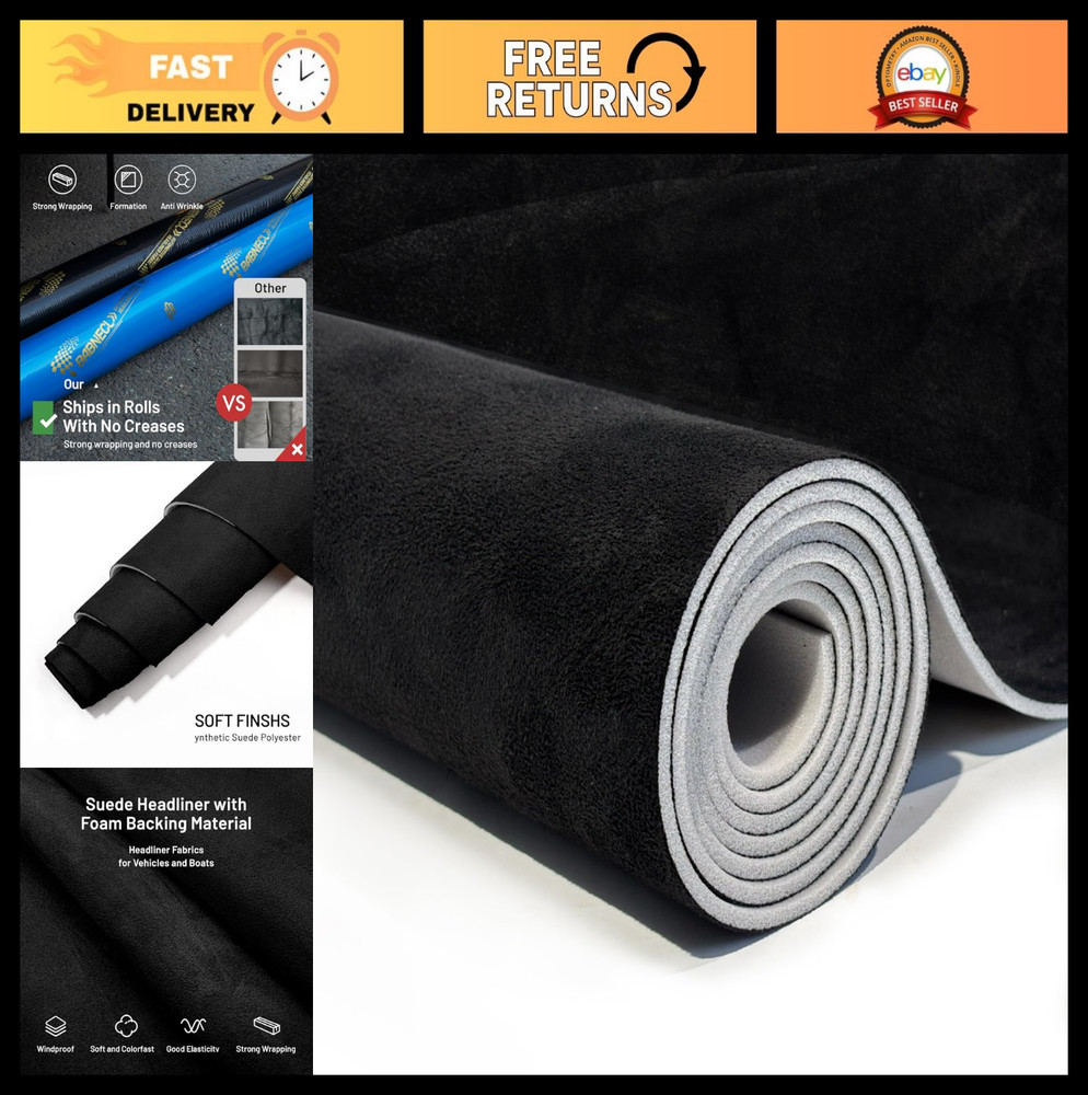 Suede Auto Headliner Fabric 96″ L x 60″ W Foam Backing – Black Replacement Mater