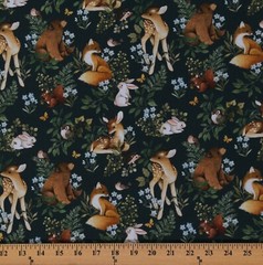 Cotton Woodland Animals Deer Bunnies Owls Forest Fabric Print by Yard D783.89