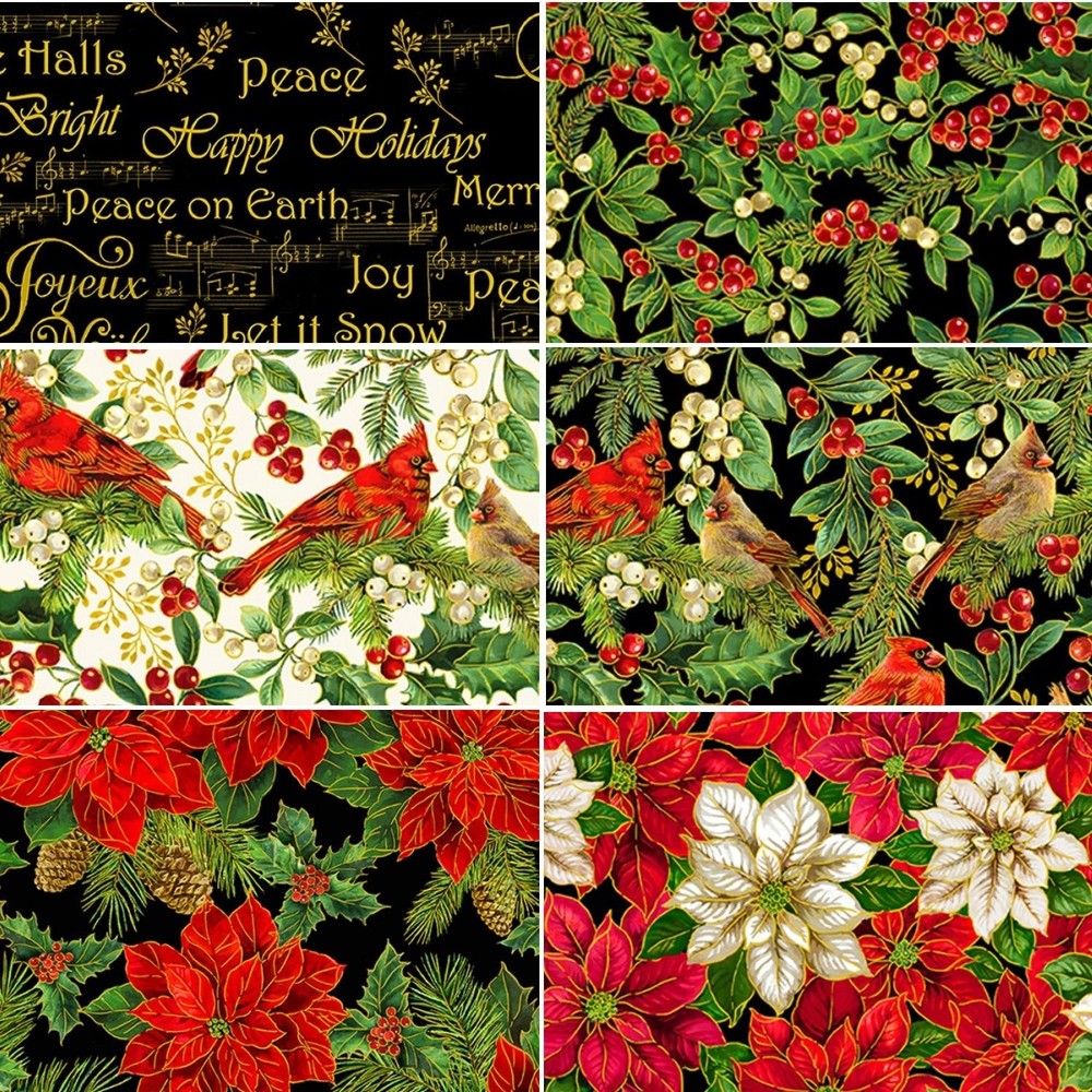 3 Yard Bundle Holiday Christmas Poinsettia Cardinal Metallic Cotton Fabric