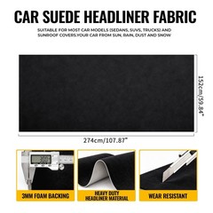 Headliner Fabric 108″ L x 60″ W Foam Backing for Car Truck RV SUV Boat Black