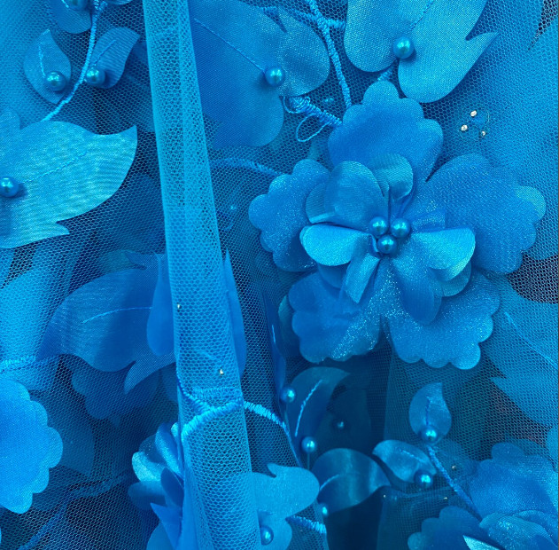 Turquoise 3d floral embroider pearls mesh lace scalloped Fabric By yard 54″ wide