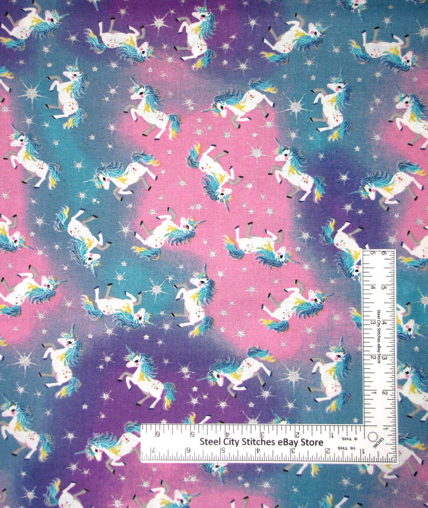 Unicorn Fabric Cotton Candy Dream Silver Stars Cotton Fabric By The Yard