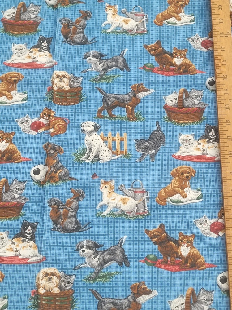 1 5/8 yds VTG Dogs Cats Kittens Puppies Blue Novelty Fabric Cotton Blend