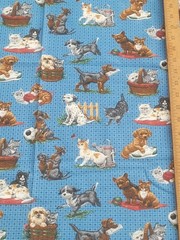 1 5/8 yds VTG Dogs Cats Kittens Puppies Blue Novelty Fabric Cotton Blend