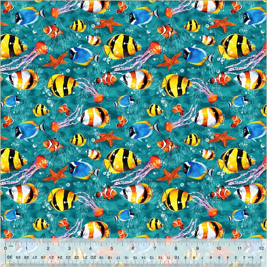 Cotton Sea Fish Coral Aquatic Animals Turquoise Fabric Print by the Yard D372.65