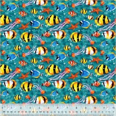 Cotton Sea Fish Coral Aquatic Animals Turquoise Fabric Print by the Yard D372.65