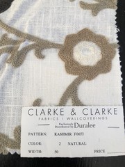 CLARKE & CLARKE Kashmir in Natural 16 3/4″ Crewel Floral Fabric Sample