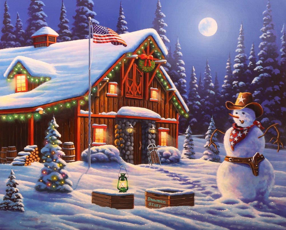 Cowboy Christmas Snowman Western Digital Cotton Fabric Panel 1 Yard #AL5881