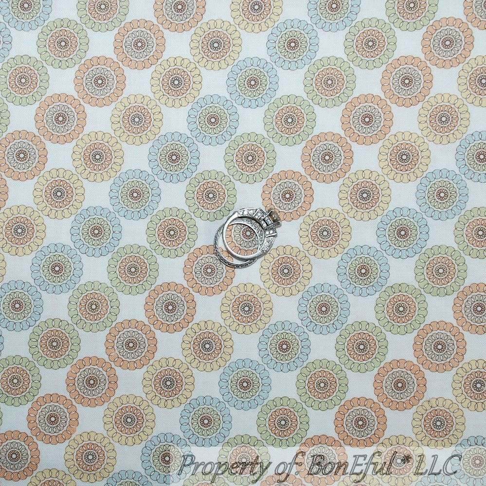 BonEful Fabric FQ Cotton Quilt Organic White Blue Tan Circle Dot Flower Stripe S