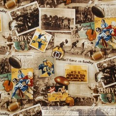 BonEful FABRIC FQ Cotton Quilt VTG Brown FOOTBALL Boy Old World Newspaper Sepia