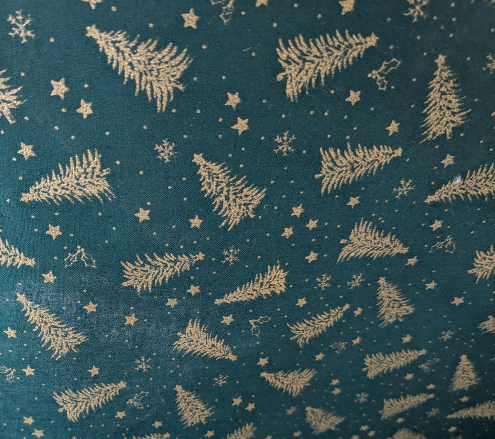 34″ x 44″ Golden CHRISTMAS TREES on Dark Green Background COTTON FABRIC