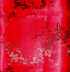 Oriental Shiny Red with Black plus Shiny Red Flowers 1 Yard X 36″ Fabric Loc: 15