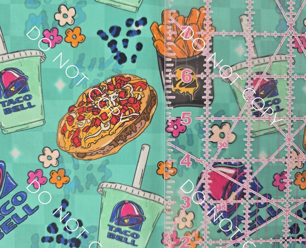 100% Cotton Woven Novelty Fabric Taco Bell Fast Food By The 1/4 Yard 9×56